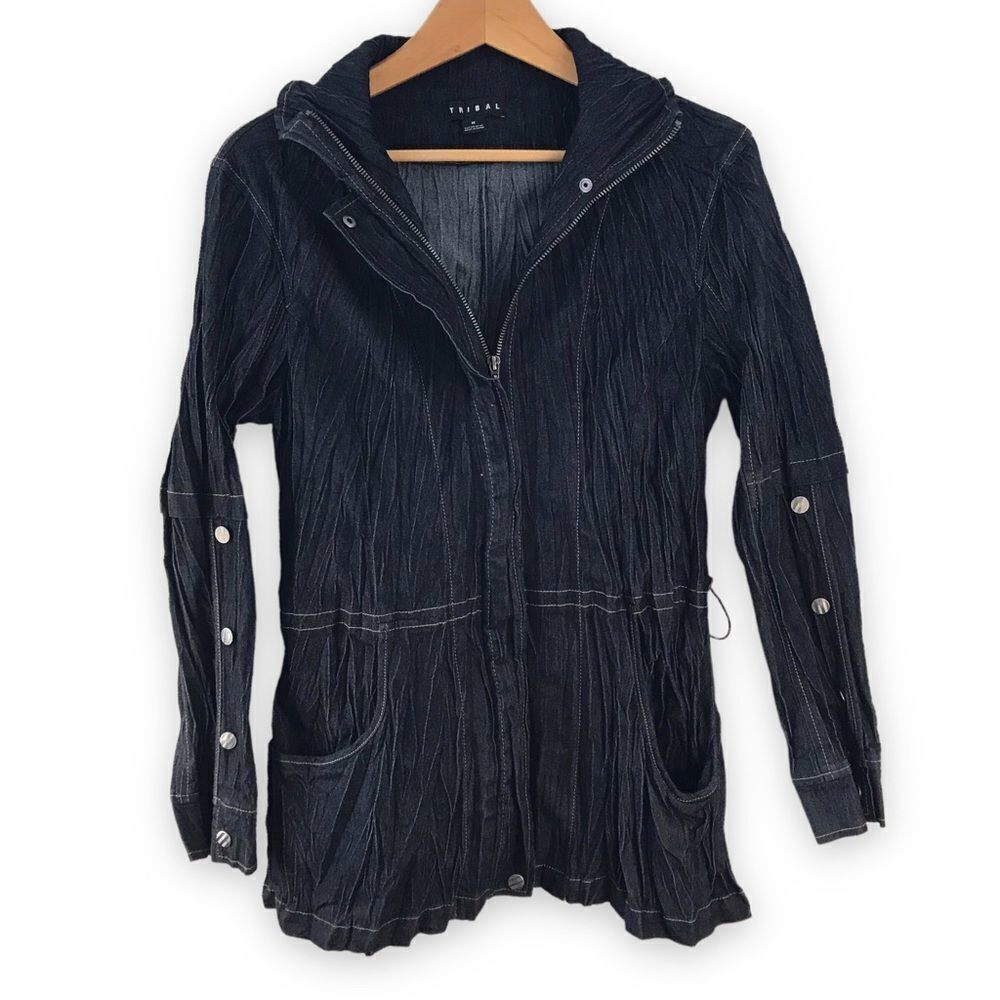Tribal crinkle dark blue zip up jacket size M
